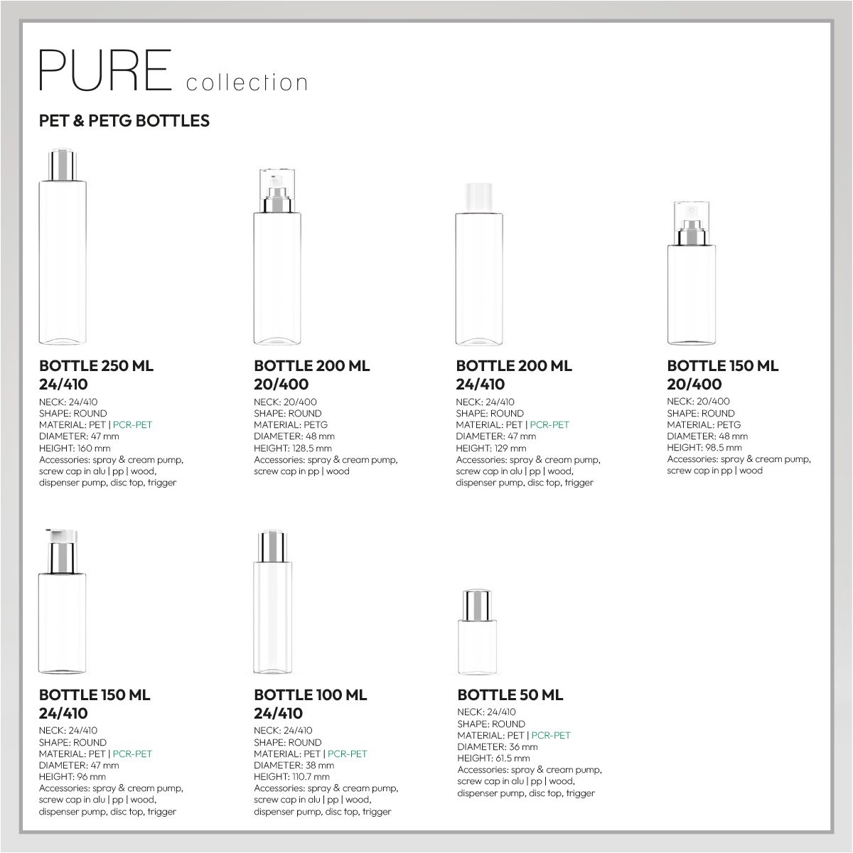 PURE Collection PET and PETG bottles lineup from 50 ml to 250 ml, transparent cylindrical design with technical details for beauty packaging.