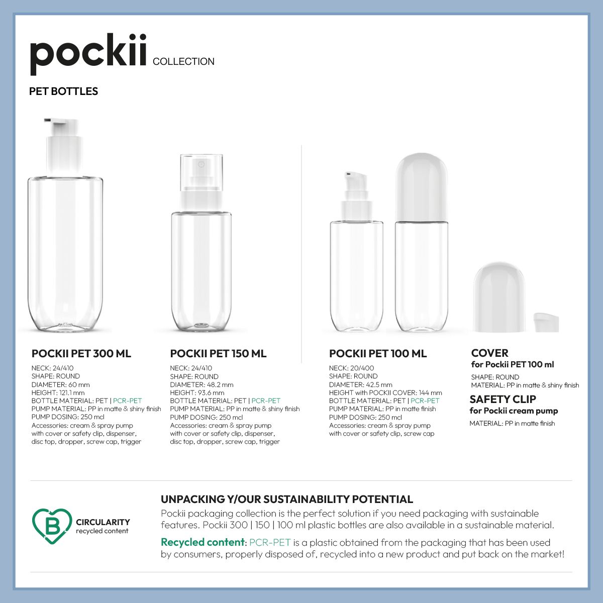Pockii Collection by Berlin Packaging Beauty featuring PET and PCR-PET bottles in 100 ml, 150 ml and 300 ml sizes with compatible dispensing accessories, showcasing sustainable beauty packaging with recycled content.