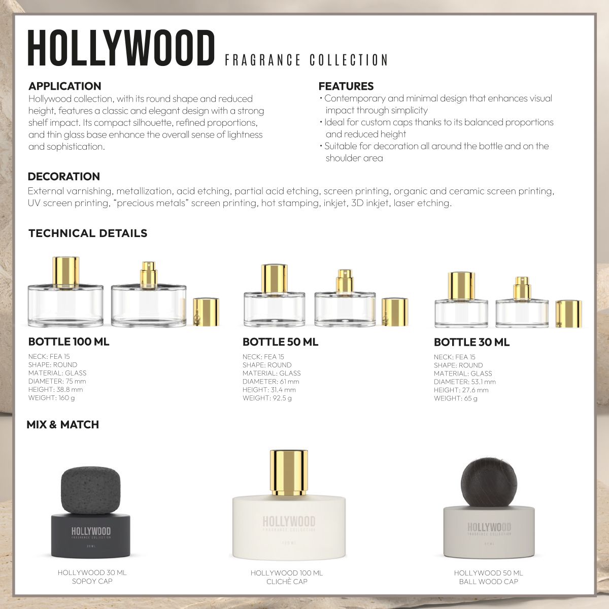 Berlin Packaging Hollywood Fragrance Collection technical sheet showing glass bottles in 100 ml, 50 ml, and 30 ml sizes. Round shape, neck FEA 15, reduced height, and thin glass base. Includes mix & match examples with various caps and decoration options.