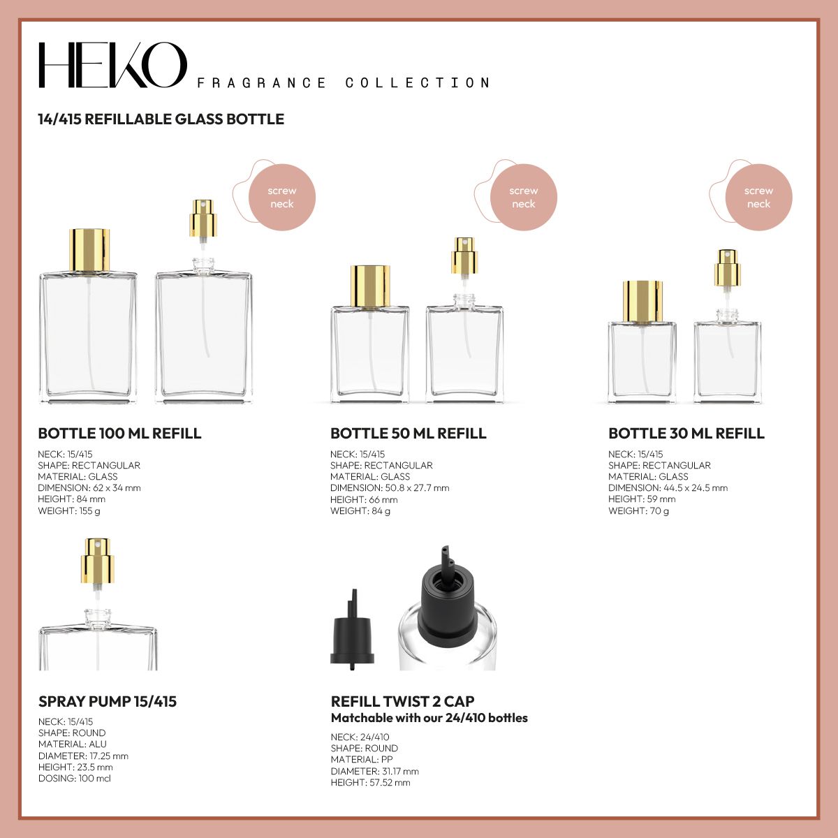 Heko Fragrance packaging collection refillable glass perfume bottles in 30 ml, 50 ml, and 100 ml sizes with screw neck, spray pump, and refill cap for sustainable fragrance packaging.