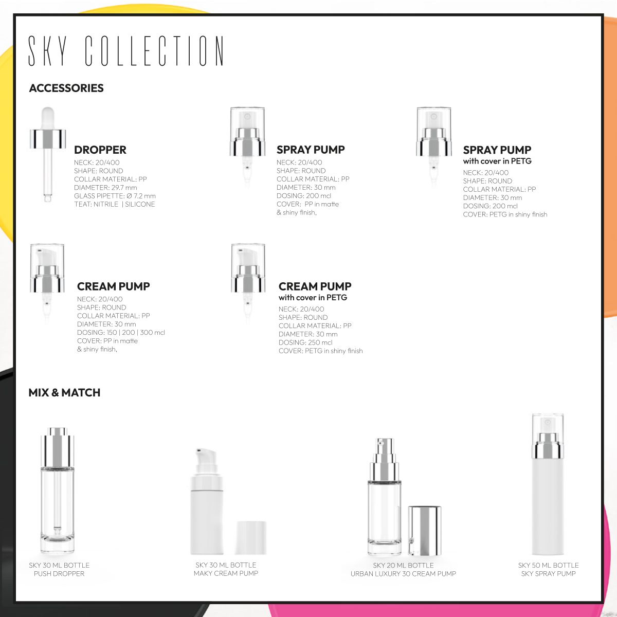 Sky Collection by Berlin Packaging Beauty showing cosmetic packaging accessories including droppers, spray pumps and cream pumps, with mix and match examples of glass bottles combined with different accessories from the catalog for 10 ml to 30 ml beauty applications.