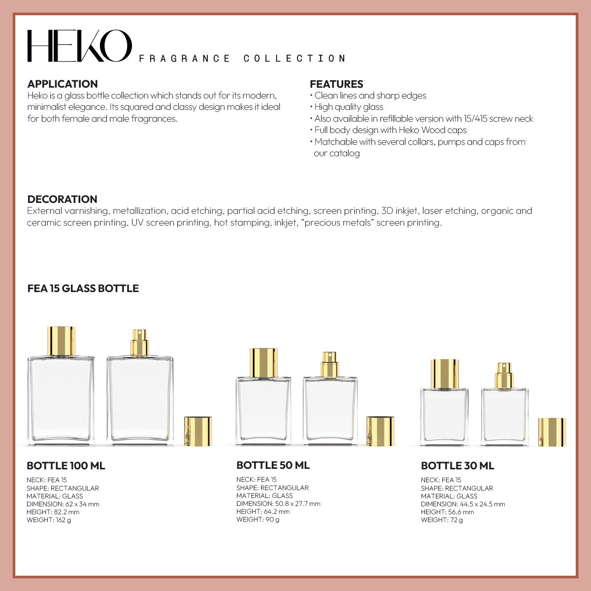 Heko Fragrance packaging collection featuring glass perfume bottles with FEA 15 neck in 30 ml, 50 ml, and 100 ml sizes, rectangular design with sharp edges and gold caps, displayed with technical specifications.