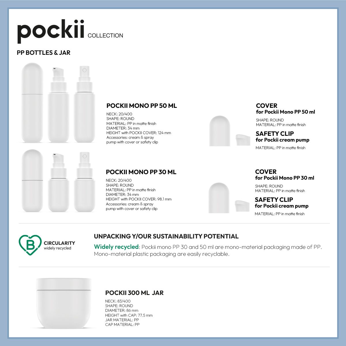 Pockii Collection by Berlin Packaging Beauty featuring mono-material PP bottles in 30 ml and 50 ml sizes and a 300 ml PP jar, showcasing widely recyclable beauty packaging with compatible covers, pumps and safety clips.