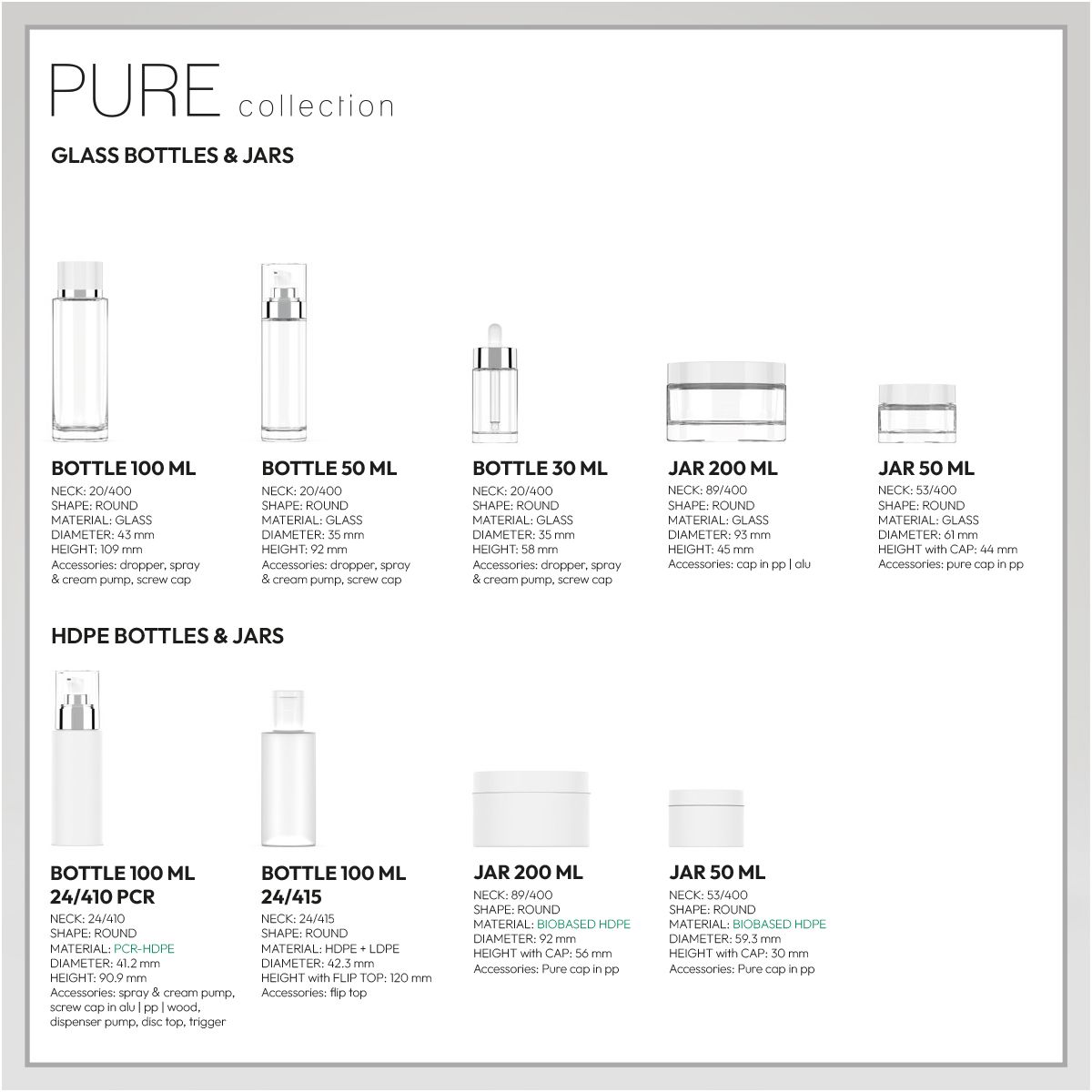 PURE Collection by Berlin Packaging display of glass bottles and jars together  with HDPE bottles and jars, shown with technical specifications for cosmetic packaging.