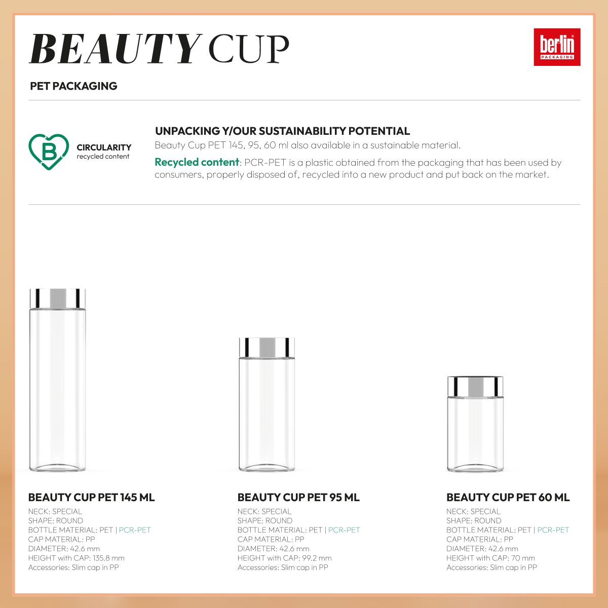 Beauty Cup packaging by Berlin Packaging, technical sheet with three PET sizes: 145 ml, 95 ml, and 60 ml. Available in PCR-PET recycled material with slim PP caps, highlighting sustainability and circularity benefits.