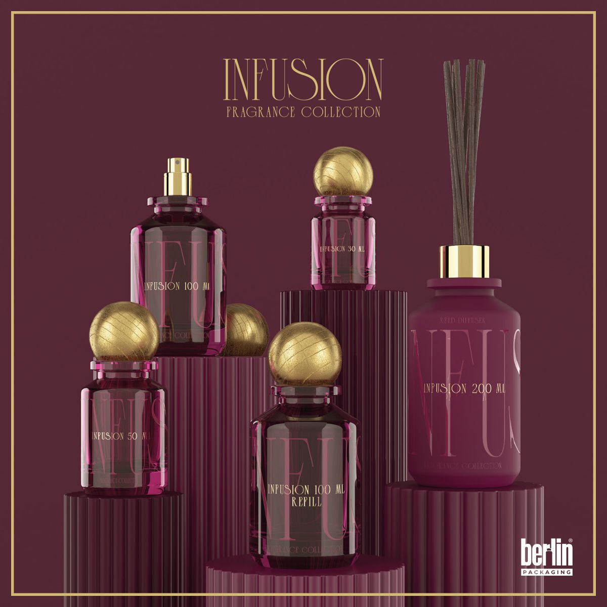 Infusion Fragrance Collection by Berlin Packaging displayed on burgundy podiums. Includes apothecary-style glass bottles in various sizes with gold spherical wood caps and a reed diffuser. Elegant design for luxury fragrance and home fragrance packaging.