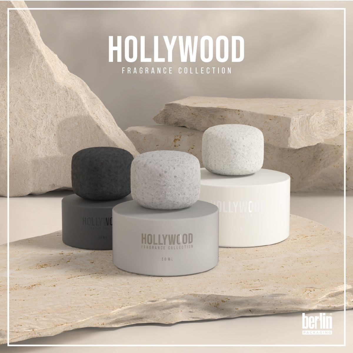 Berlin Packaging Hollywood Fragrance Collection featuring three perfume bottles with matte finishes and stone-like caps in black, gray, and white. Displayed on textured stone surfaces for a premium, natural aesthetic.