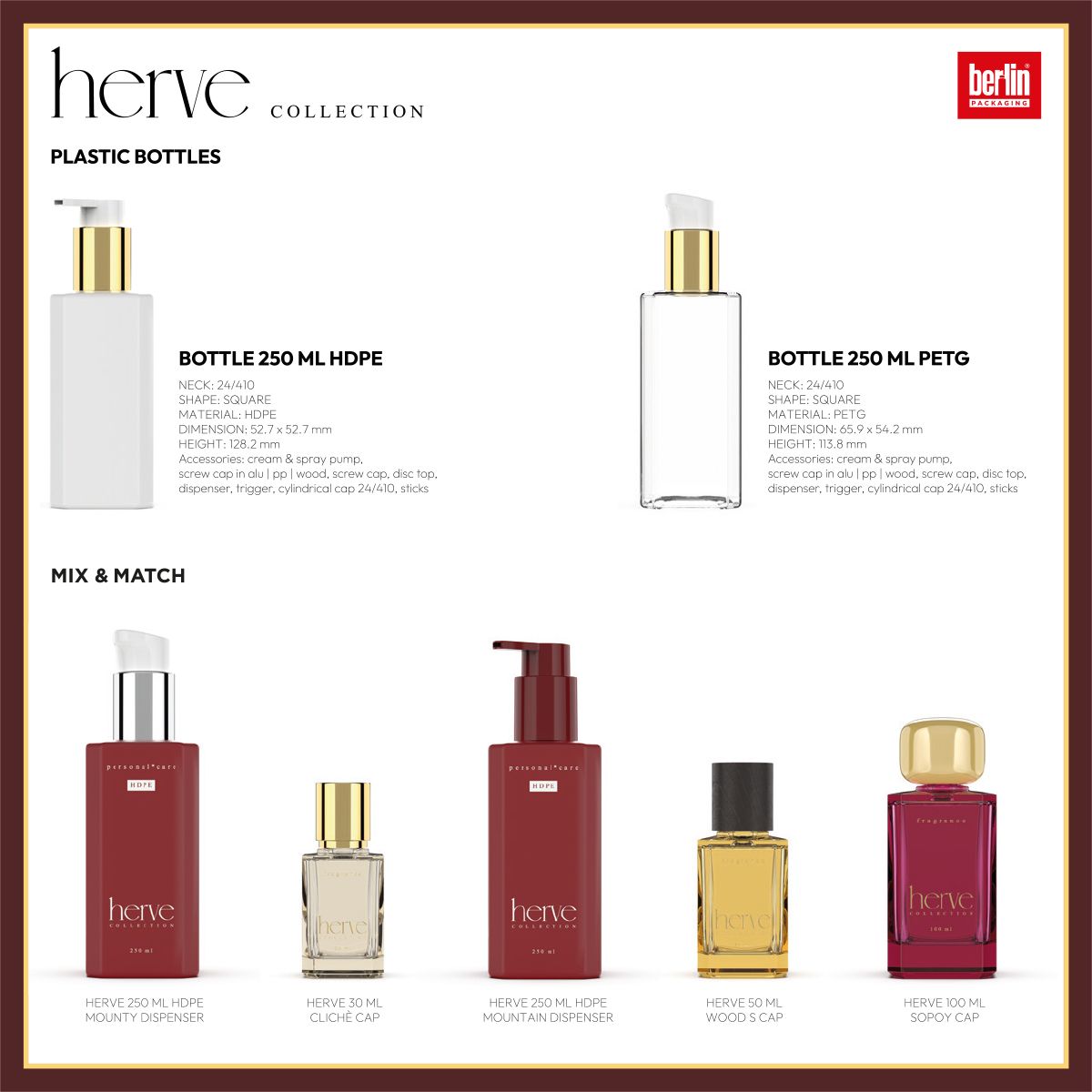 Detailed overview of Herve Collection plastic bottles and mix-and-match options by Berlin Packaging. Includes two 250 ml bottles in HDPE and PETG with square shape and gold pump caps, plus a lineup of customizable combinations with different caps and dispensers for fragrance and cosmetic packaging.