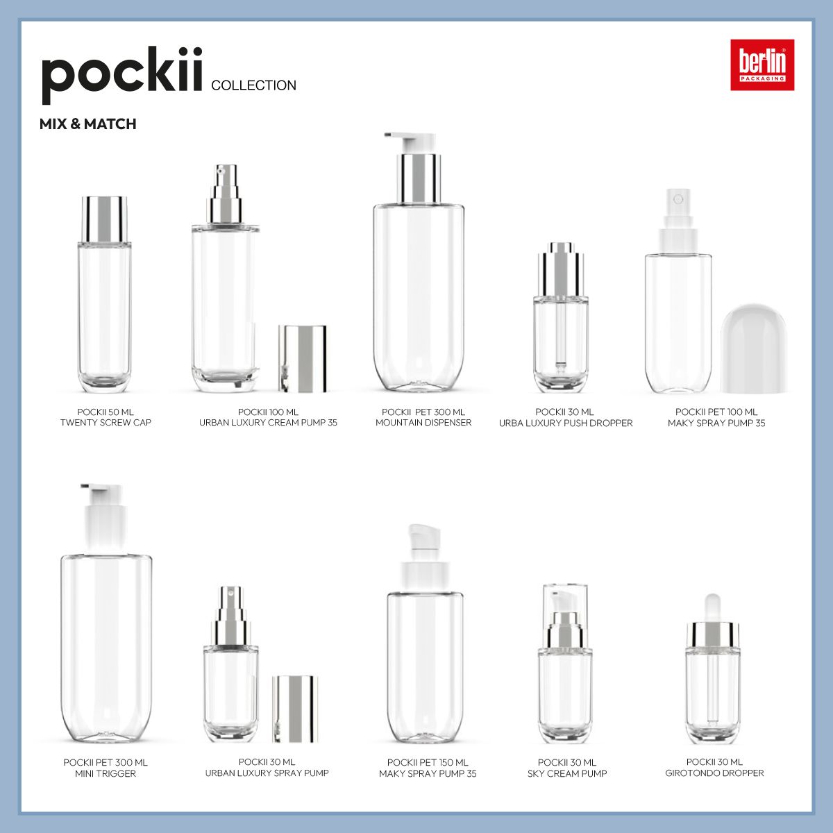 Pockii Collection by Berlin Packaging Beauty showcasing mix and match combinations of glass and PET bottles paired with pumps, droppers, dispensers, spray pumps and caps from the Berlin Packaging catalog for skincare and makeup applications.