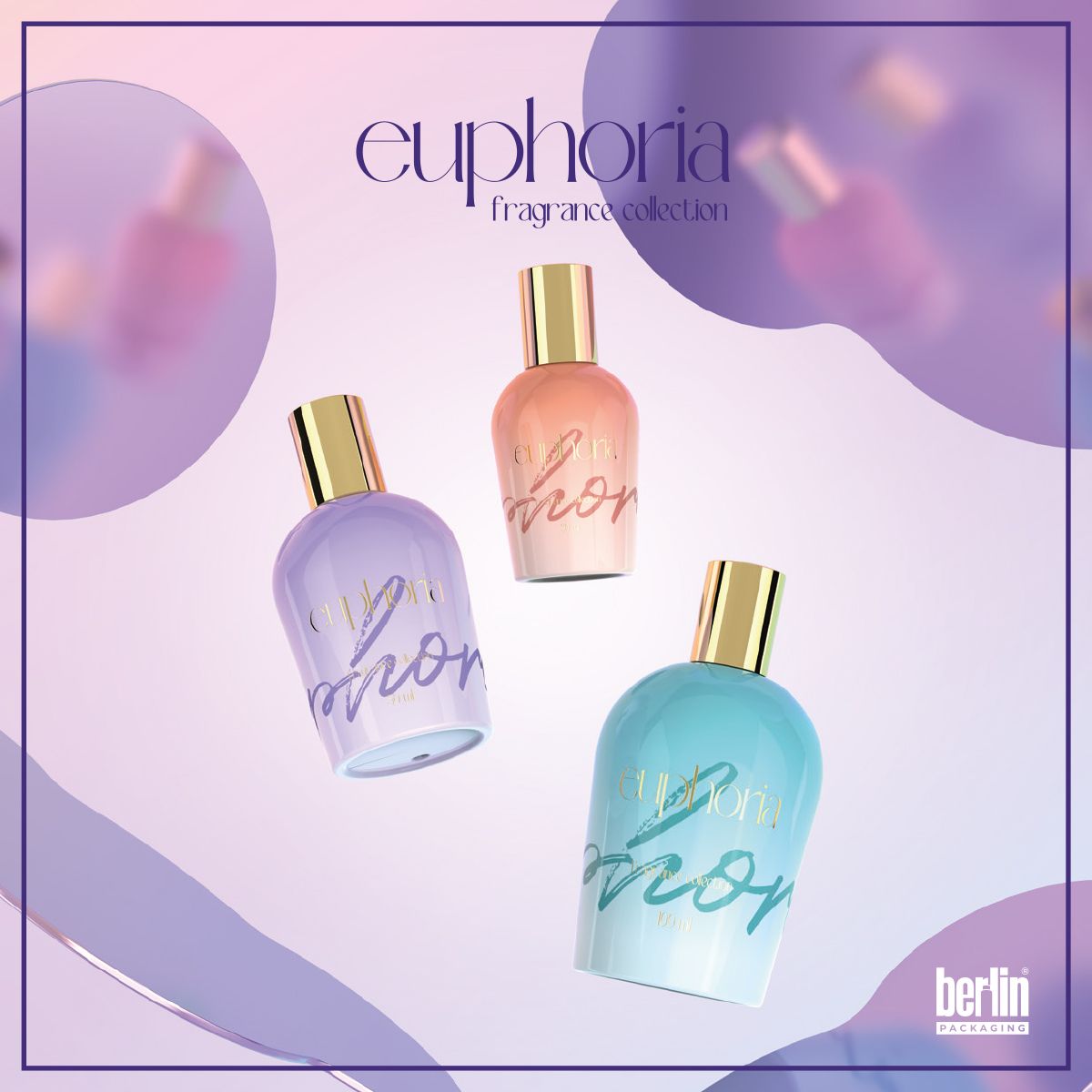 Euphoria Fragrance Collection by Berlin Packaging featuring three round glass bottles in pastel shades of purple, peach, and turquoise with shiny gold caps. Modern and colorful design for premium fragrance packaging.