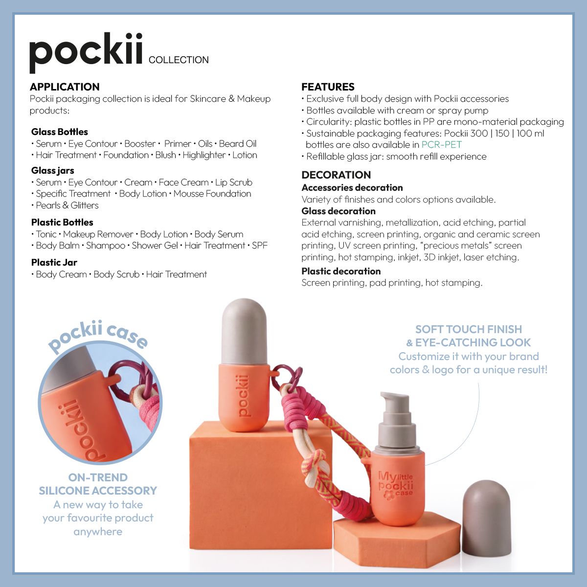 Pockii Collection by Berlin Packaging Beauty presenting beauty packaging applications, product categories, refillable solutions and the Pockii Case for on-the-go skincare and makeup products.