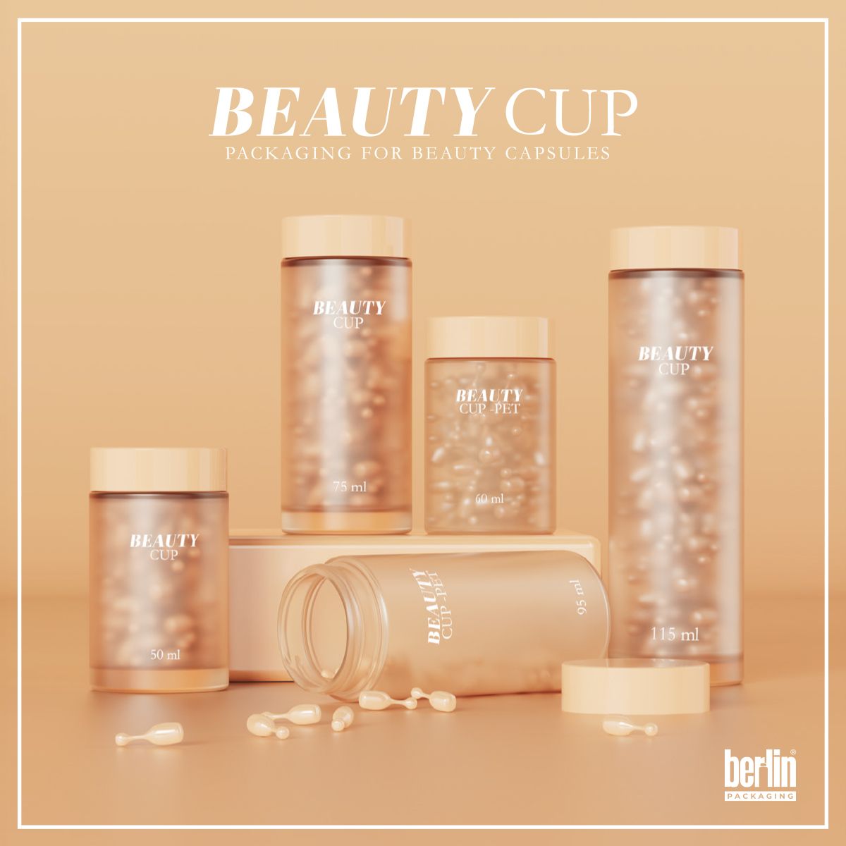 Beauty Cup collection of glass jars with matte, semi-transparent colored coating and light caps, designed for beauty capsules. Displayed in multiple sizes in a refined, monochromatic setting.