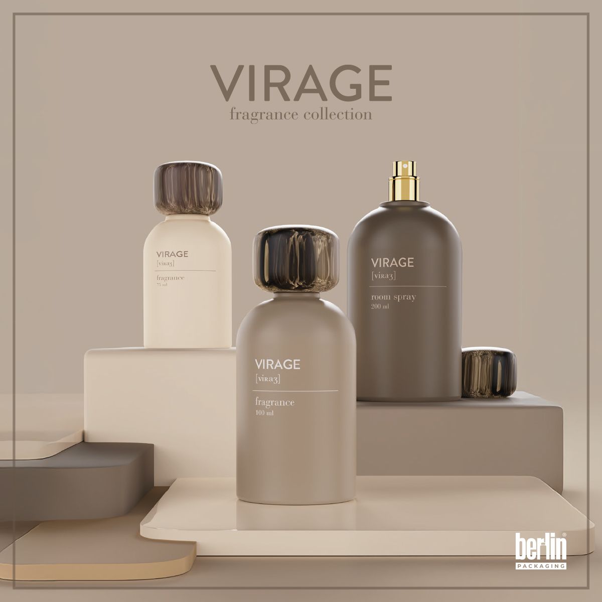 Virage fragrance packaging collection by Berlin Packaging, showcasing elegant glass bottles in beige and taupe tones with Sopoy resin caps, including 100 ml fragrance and 200 ml room spray formats, arranged on minimalist geometric platforms.