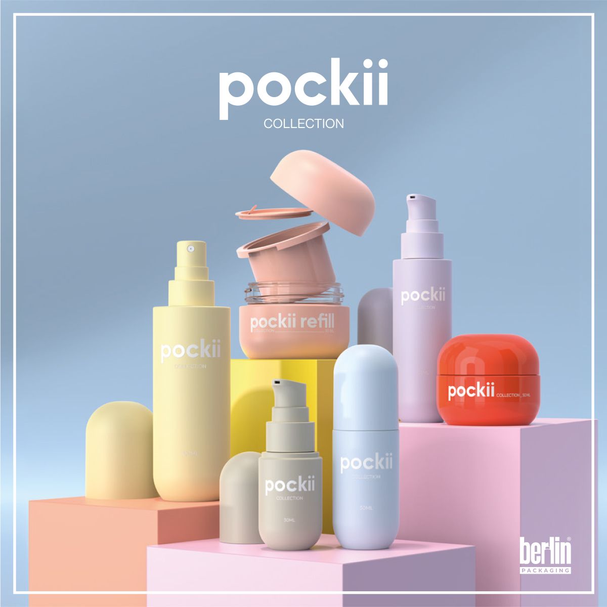 Pockii Collection by Berlin Packaging Beauty showcasing bottles and jars for skincare and makeup products, including glass, plastic and refillable packaging solutions for beauty applications.