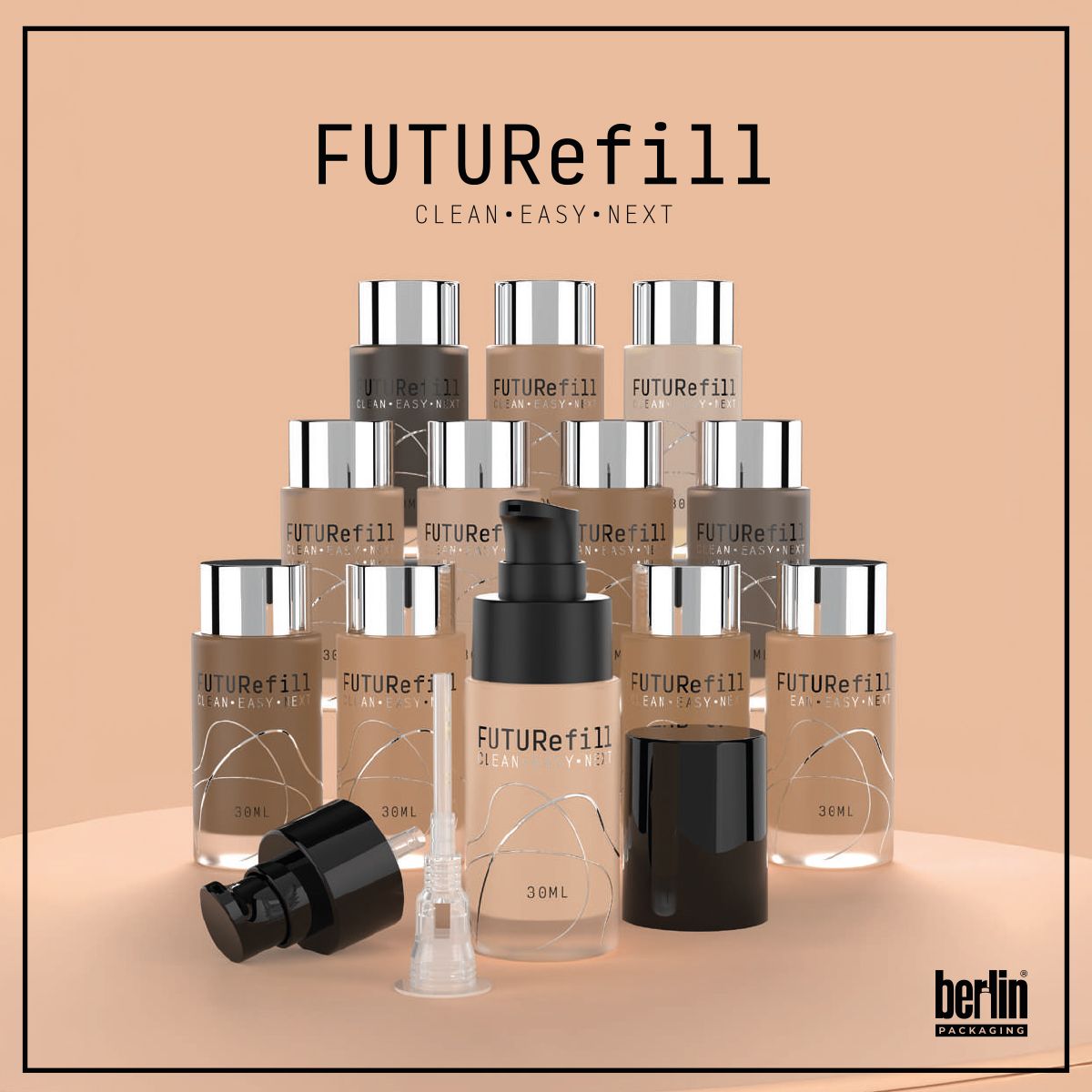 FUTURefill collection by Berlin Packaging, featuring multiple 30 ml glass bottles with silver caps and a central bottle with black pump, displayed on a beige background with connector and pump components.