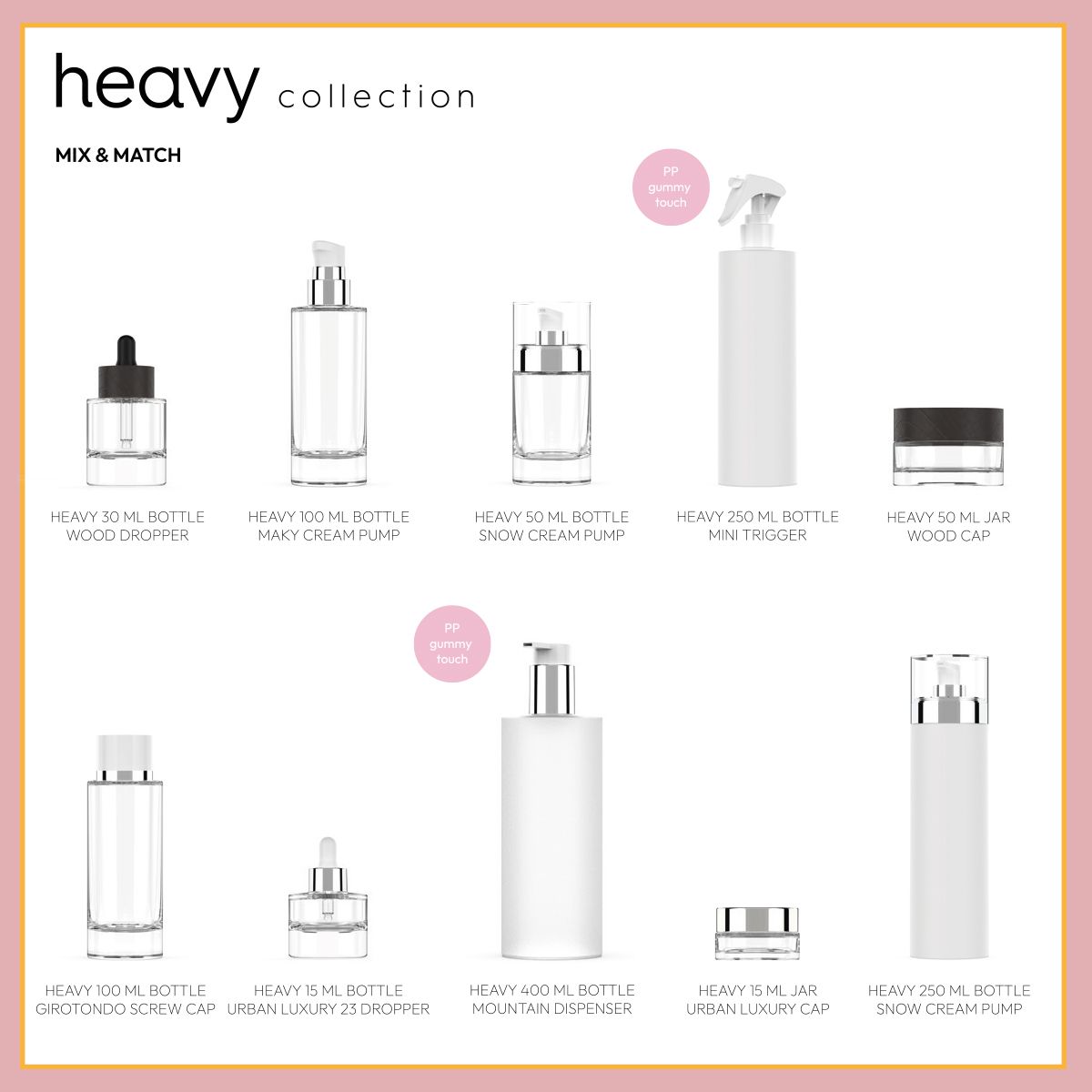 Heavy packaging collection by Berlin Packaging showing mix & match of glass bottles and jars in various sizes  with different beauty accessories, including wood droppers, cream pumps, mini trigger, and caps.