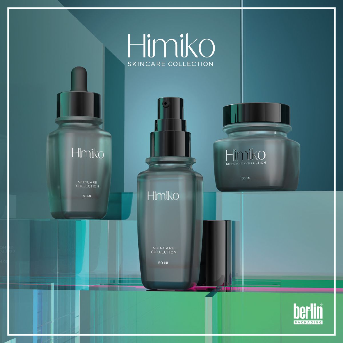 Himiko Skincare Collection by Berlin Packaging featuring elegant glass jars and bottles in a sophisticated square design, displayed on a modern geometric background with the collection name and the Berlin Packaging logo..