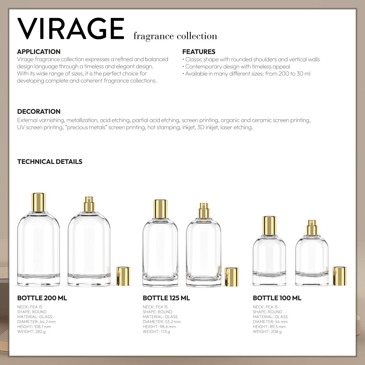 Virage fragrance collection by Berlin Packaging, presenting transparent glass bottles in 200 ml, 125 ml, and 100 ml sizes with gold caps, highlighting technical details and refined design with rounded shoulders and vertical walls, displayed on a clean layout.