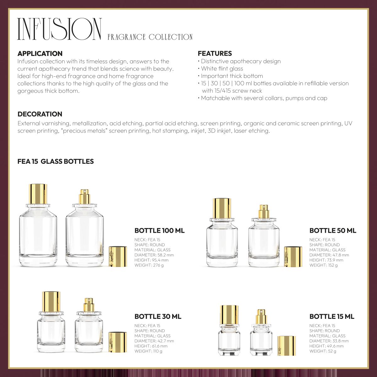 Infusion fragrance collection infographic showing FEA15 glass bottles in various sizes with gold caps and pump options.