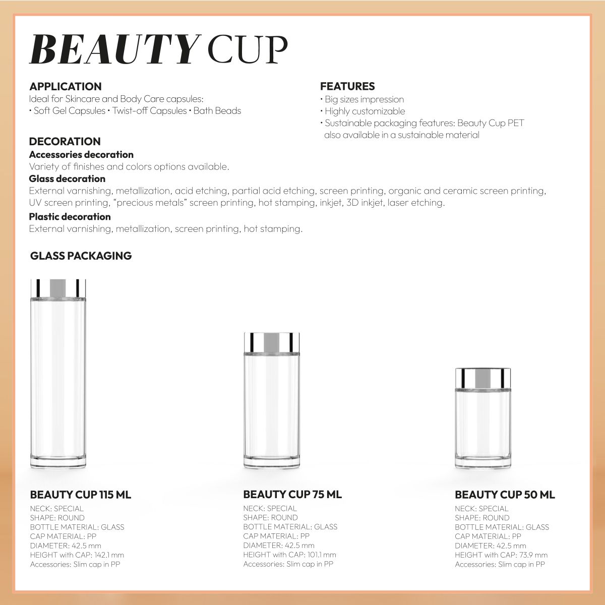 Beauty Cup packaging by Berlin Packaging technical sheet showing three glass sizes: 115 ml, 75 ml, and 50 ml. All jars feature special neck, round shape, glass body, slim PP caps, and customizable decoration options.