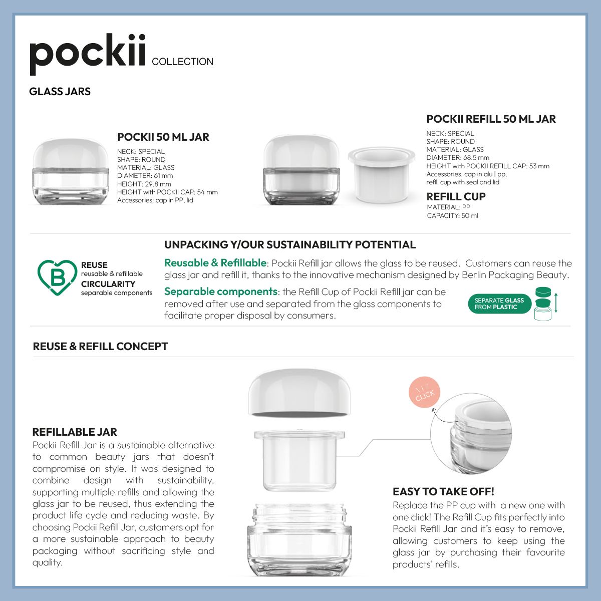 Pockii Collection by Berlin Packaging Beauty featuring glass jars and refillable jars with removable refill cup, showcasing reusable beauty packaging and circular design solutions for skincare applications.