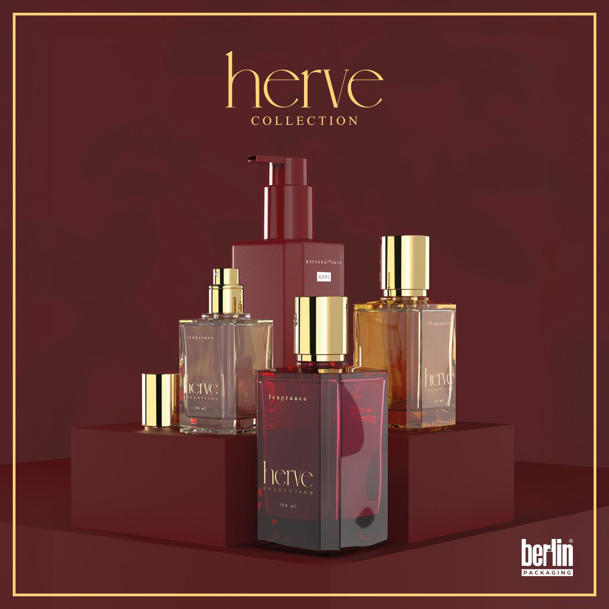 Herve Collection packaging by Berlin Packaging displayed on burgundy podiums. The image features square-shaped glass and plastic bottles with gold caps and dispensers, ideal for high-end fragrances and skincare products. The composition highlights elegance and premium design.