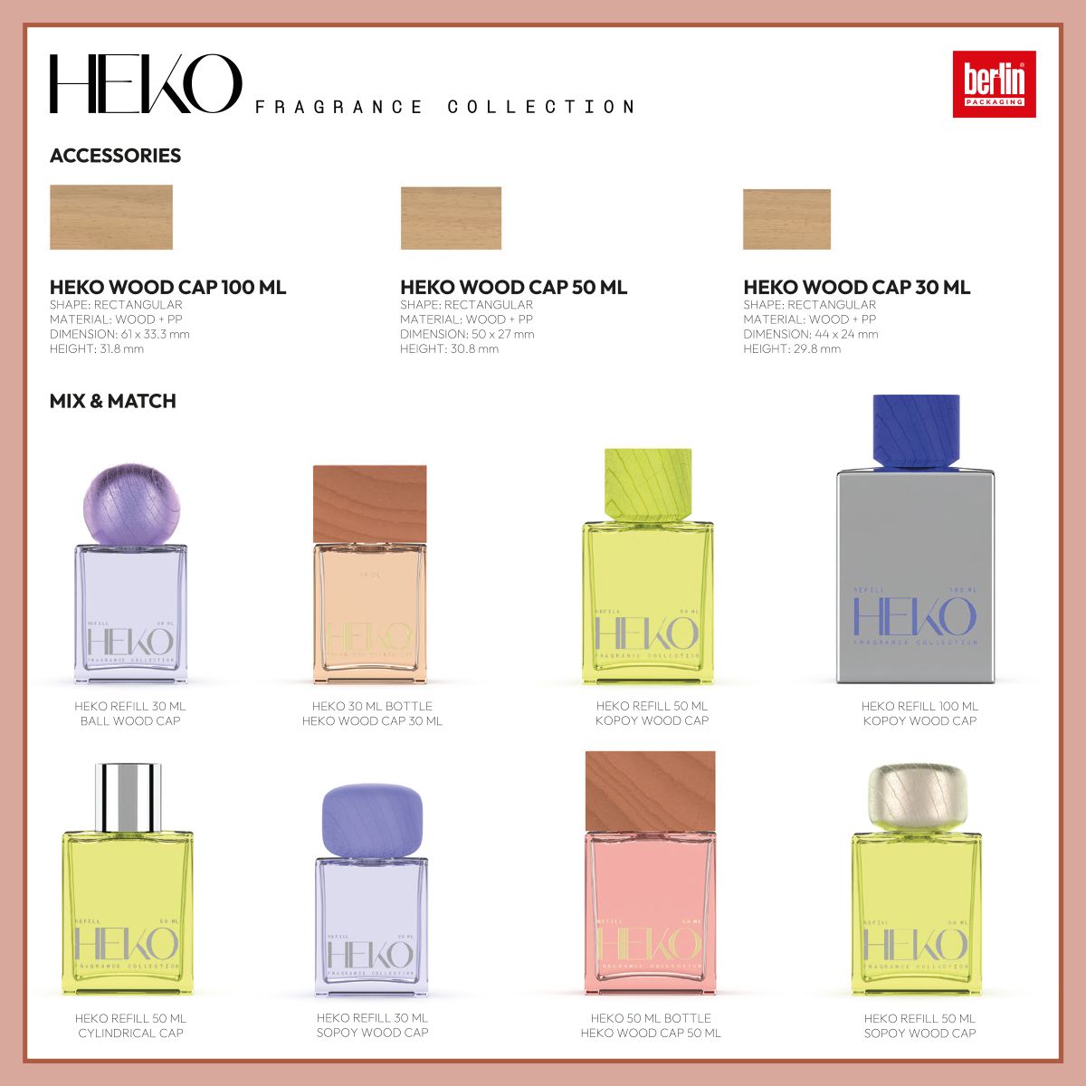 Heko wood caps by Berlin Packaging for 30 ml, 50 ml, and 100 ml fragrance bottles with mix-and-match colorful glass perfume bottles featuring different decoration options