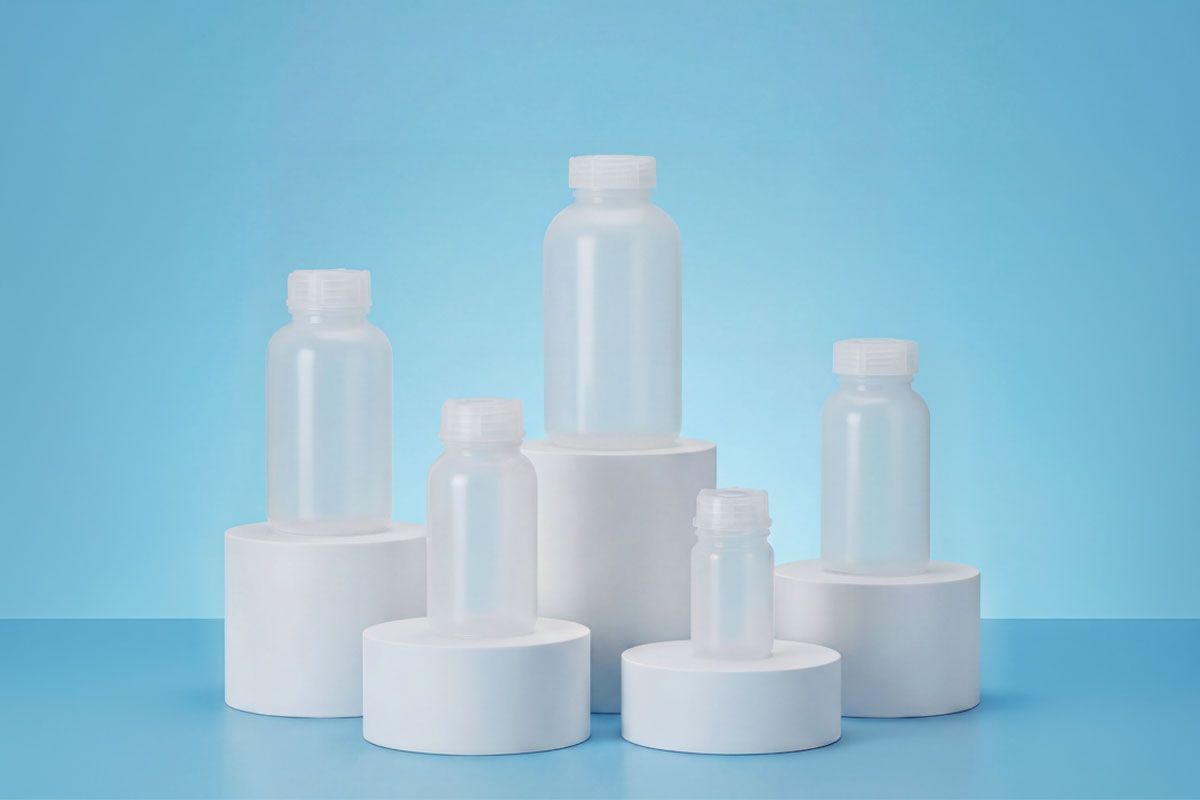 Transparent plastic bottles on white cylindrical platforms against a blue background.