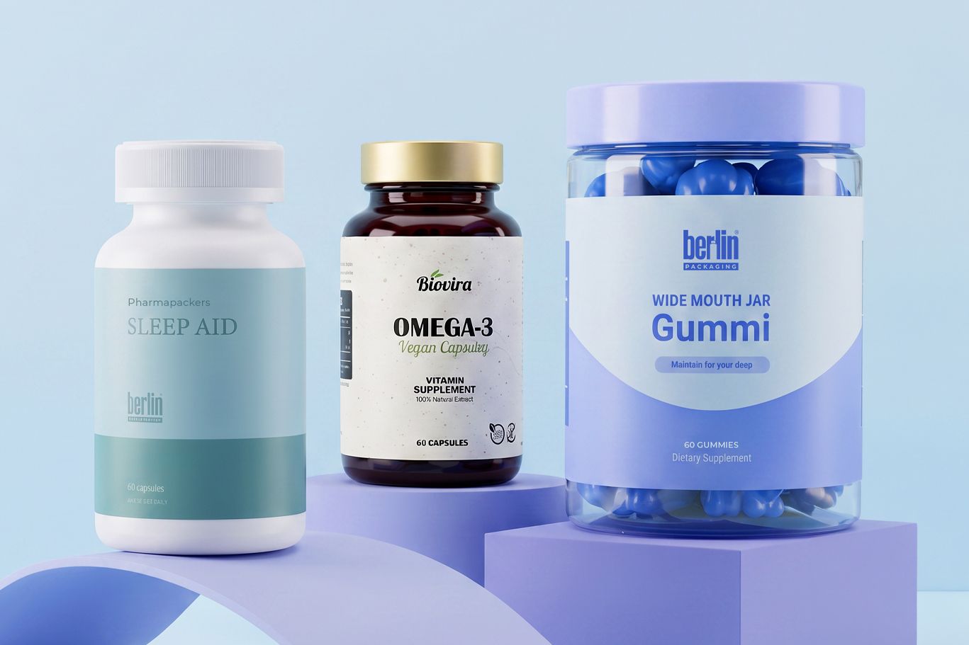 Three supplement bottles: Sleep Aid, Omega-3 vegan capsules, and Gummi dietary gummies, displayed on pastel purple platforms against a light blue background.