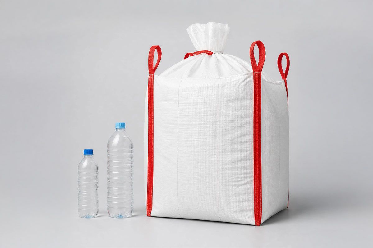 Large white bag with red straps beside two plastic water bottles on a gray background.