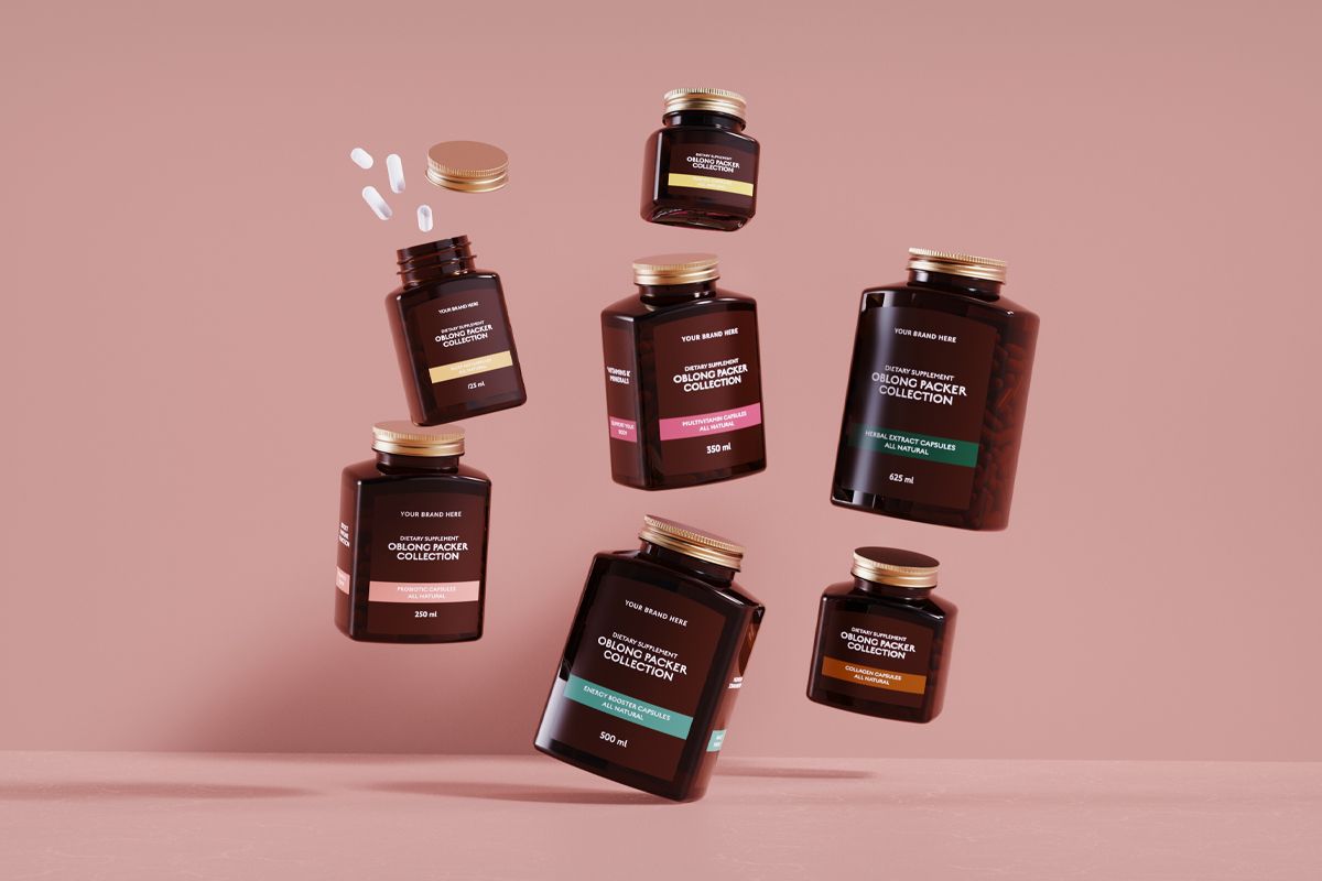 Floating brown jars of dietary supplements with various labels against a pink background; several pills are scattered nearby.