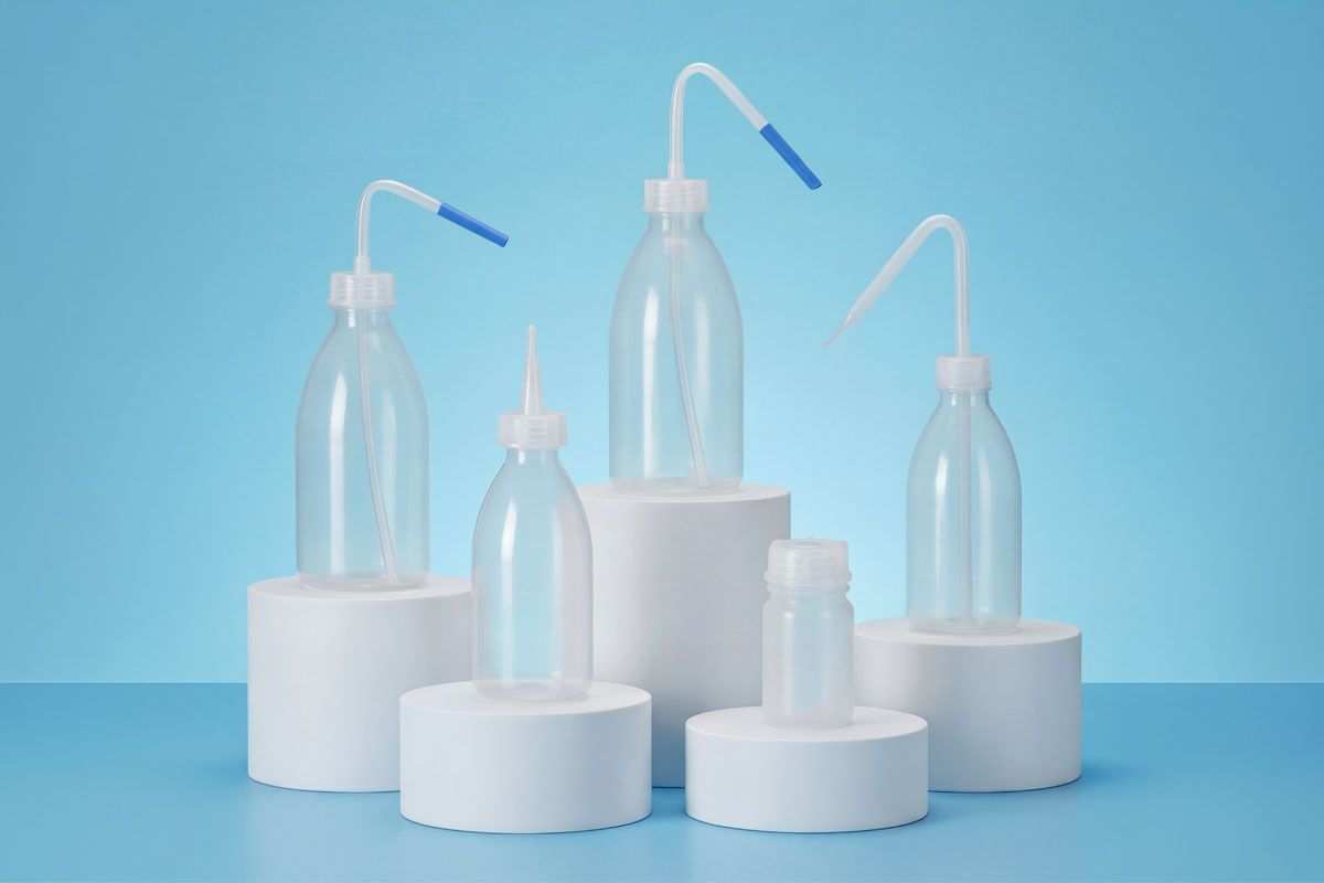 Transparent plastic bottles with spouts on white cylindrical stands against a blue background.