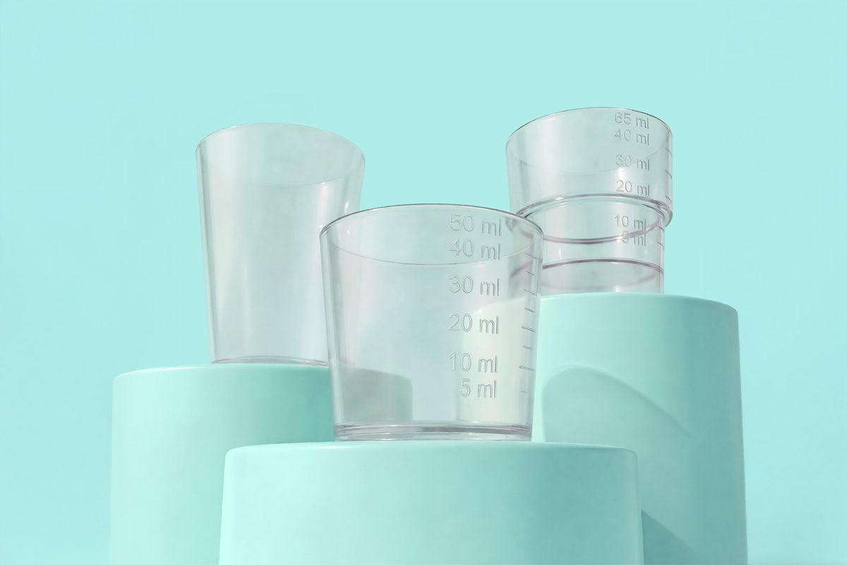 Three transparent graduated measuring cups on pastel turquoise cylindrical platforms against a matching background.
