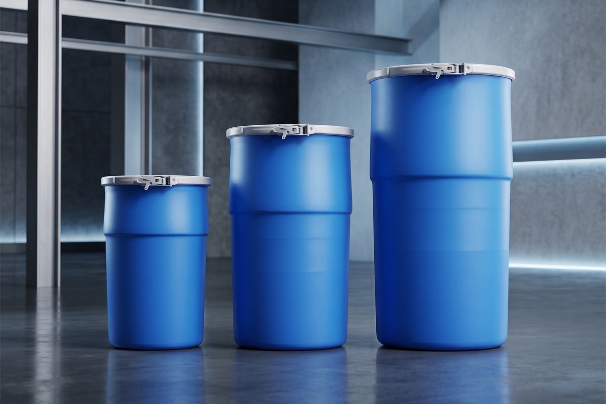 Three blue plastic barrels of varying heights stand in a modern, industrial interior.