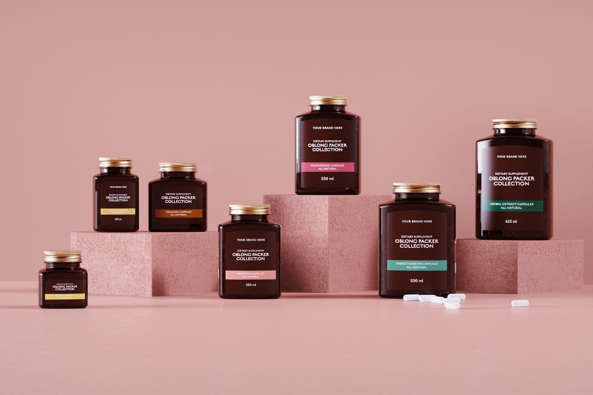 Brown apothecary bottles on pink pedestals with scattered pills, featuring various labels, set against a pink background.