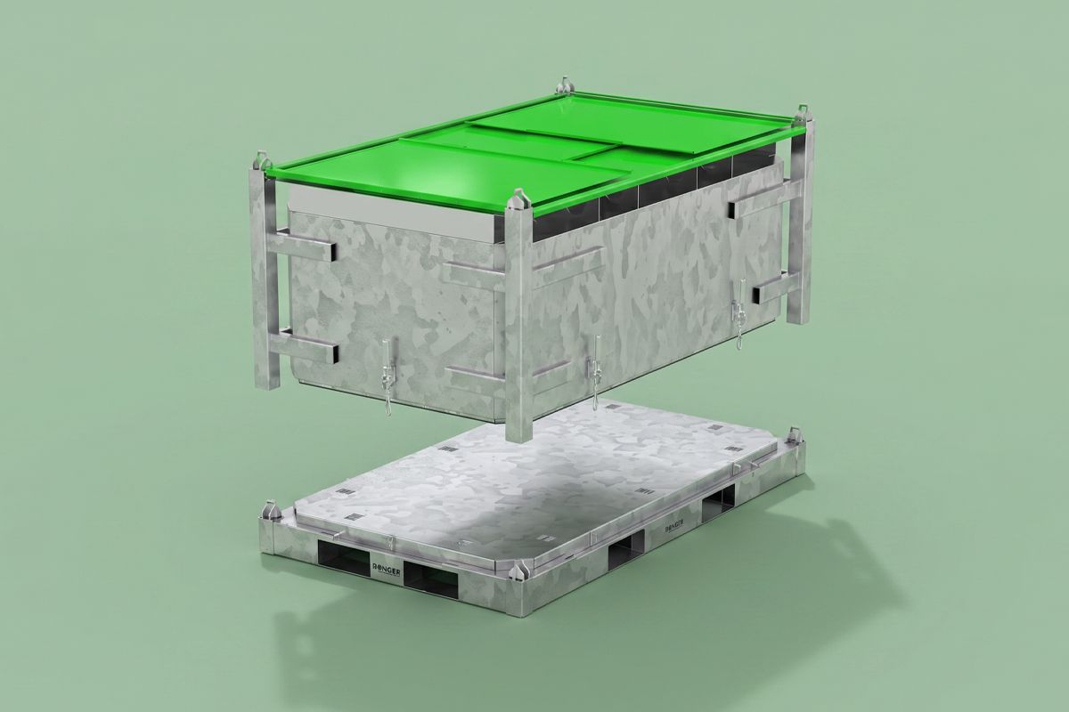 Buncker-opened A metal storage container with a green lid is suspended above a matching metal pallet on a light green background.