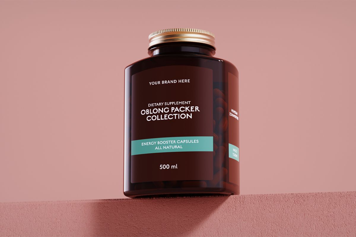 A brown supplement bottle labeled "Oblong Packer Collection," 500ml, on a pink surface, against a matching pink background.