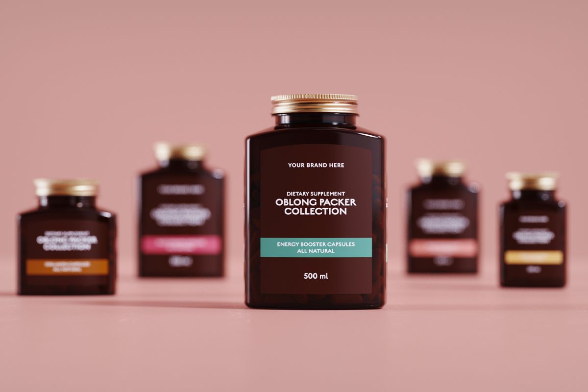 Array of five brown supplement bottles against a pink background, with a focus on the central "Oblong Packer Collection" bottle.