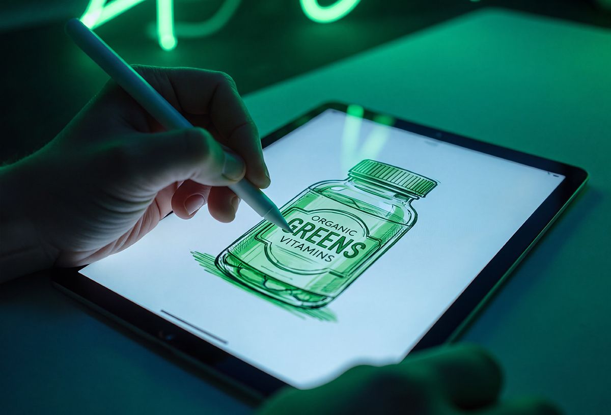 A hand uses a stylus to draw a green vitamin bottle labeled "Organic Greens Vitamins" on a tablet screen.