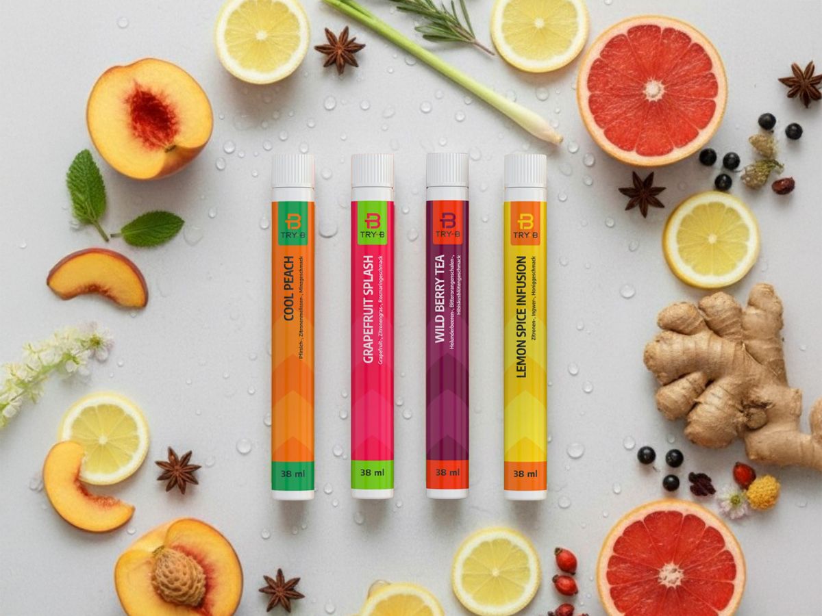 Four colorful 38 ml tubes of TRY-B flavored products—Cool Peach (orange), Grapefruit Splash (pink), Wild Berry Tea (purple), and Lemon Spice Infusion (yellow)—surrounded by fresh ingredients like peaches, grapefruit, lemon slices, ginger, mint, berries, and star anise on a light background with water droplets.