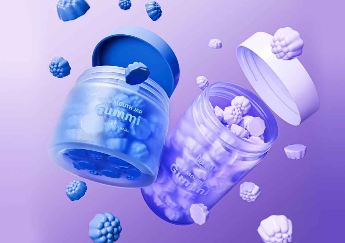 Two open jars with blue gummi candies spill against a gradient purple background, creating a playful and whimsical scene.