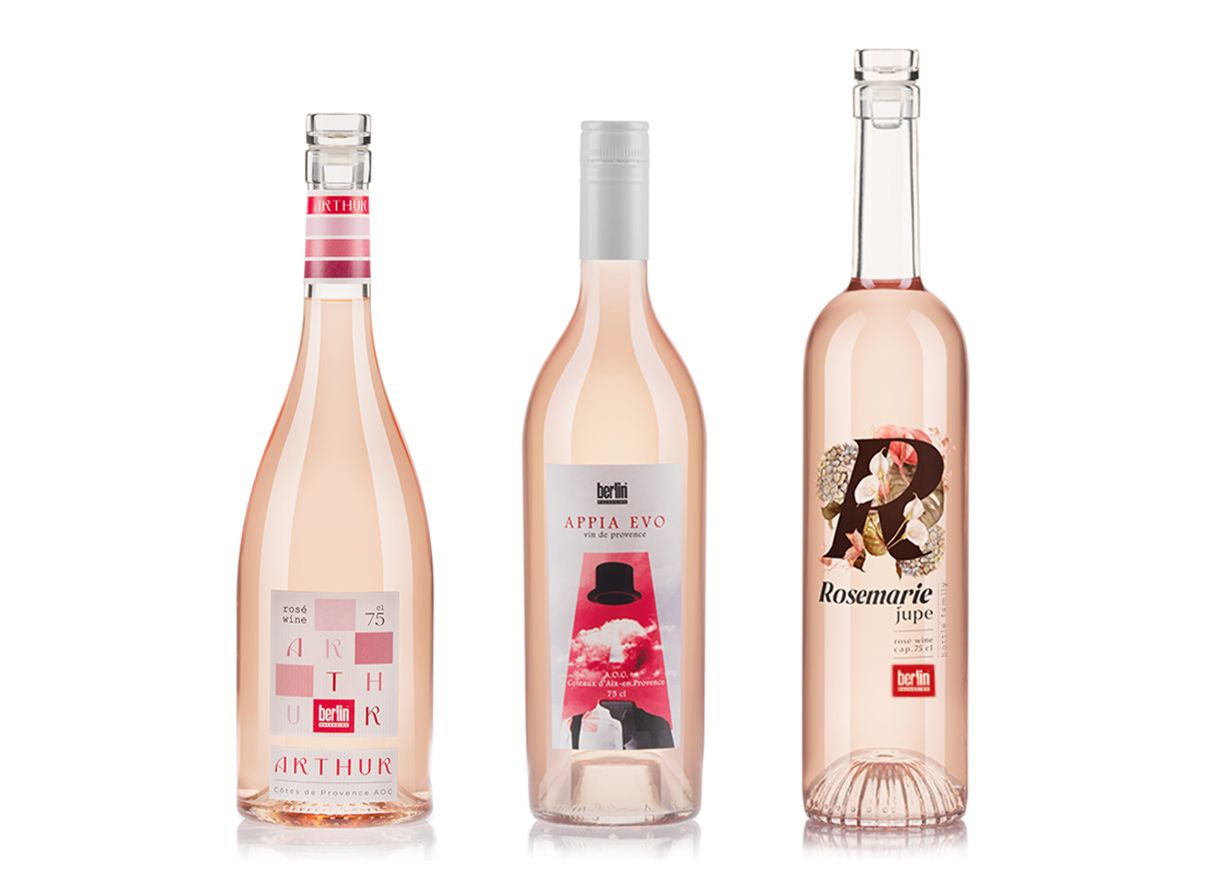 Rosé Wine Collection by Berlin Packaging featuring Arthur, Appia Evo and Rosemarie Jupe glass bottles, showcasing distinctive bottle shapes, premium label designs and elegant packaging concepts for rosé wine brands.