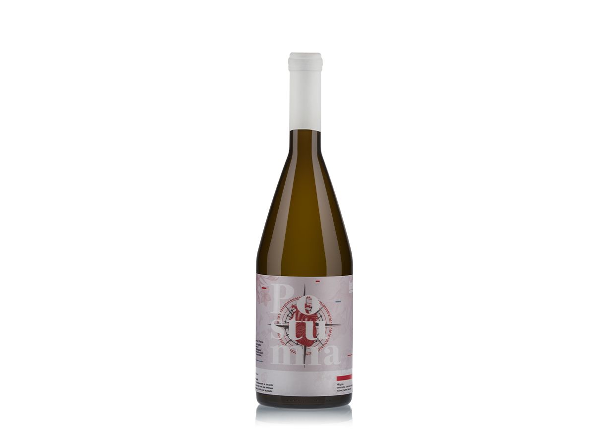 A Postumia bottle by berlin packaging with a minimalist label featuring stylized text and a graphic design, placed against a white background.