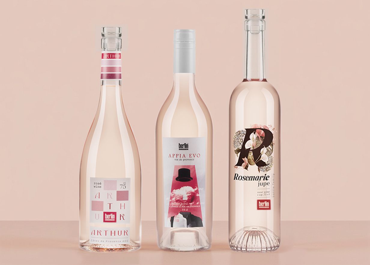 Rosé Wine Collection by Berlin Packaging featuring Arthur, Appia Evo and Rosemarie Jupe glass bottles for rosé wine brands, showcasing distinctive bottle shapes, elegant silhouettes and premium packaging concepts designed for contemporary wine applications.