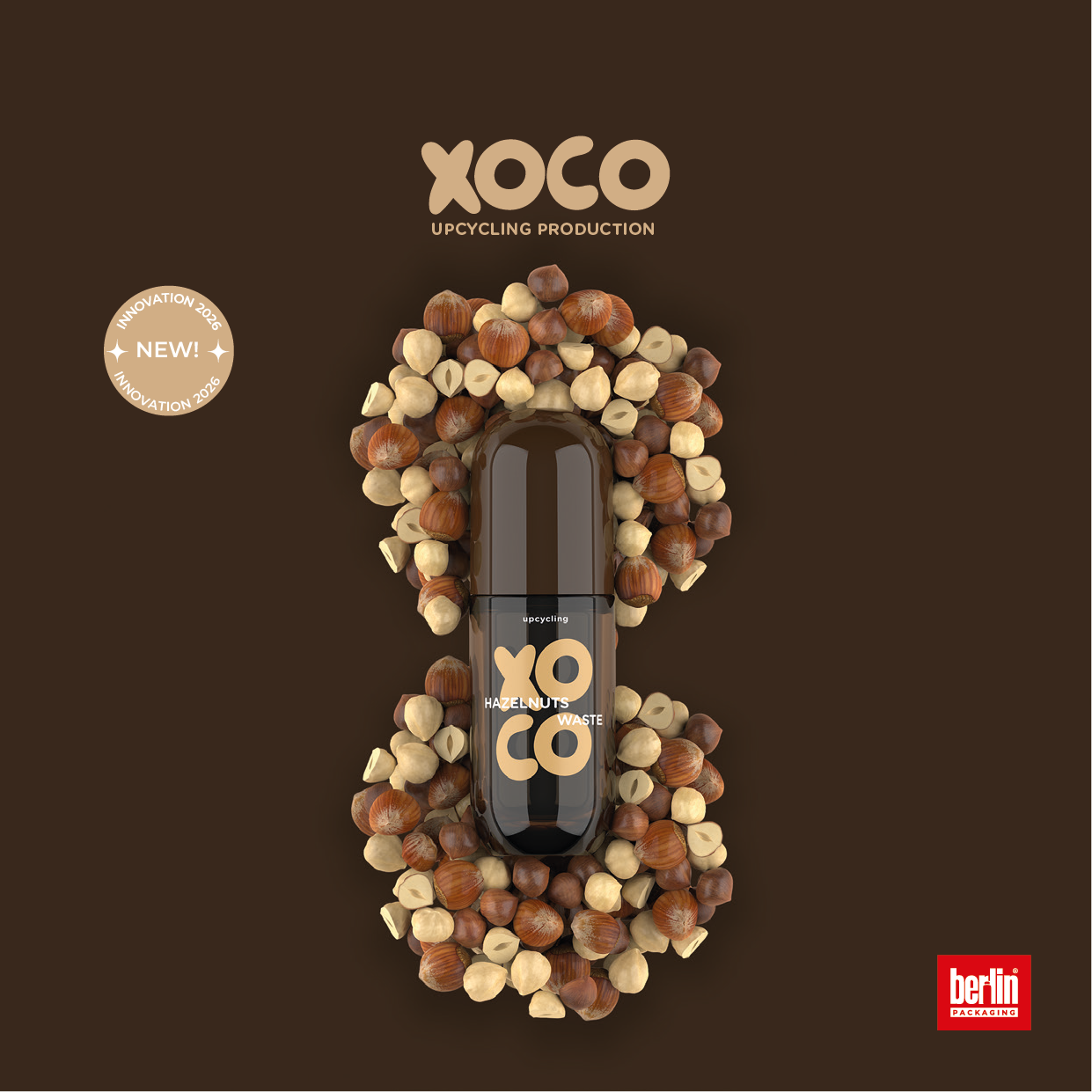 Infographic explaining the XOCO upcycling process for beauty packaging. The title reads “From waste to value” and highlights how hazelnut shells are transformed into a new material. The graphic shows four steps: (1) hazelnuts used in chocolate production, (2) hazelnut shells are not discarded, (3) shells are mixed with virgin PP, (4) the blend creates the new XOCO material. The text also states the benefits: “Same performance as PP,” “Upcycling: production waste becomes part of the packaging,” and “No compromise on recyclability.” XOCO is presented as an innovative, sustainable solution