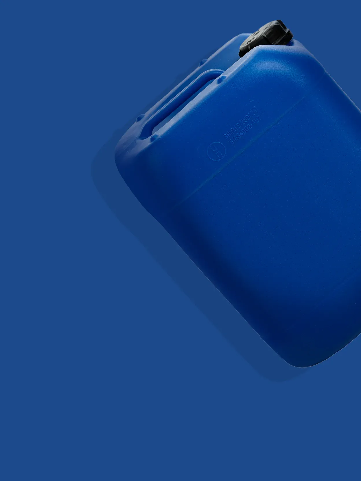 Blue plastic jerry can with a black cap on a matching blue background, positioned diagonally.