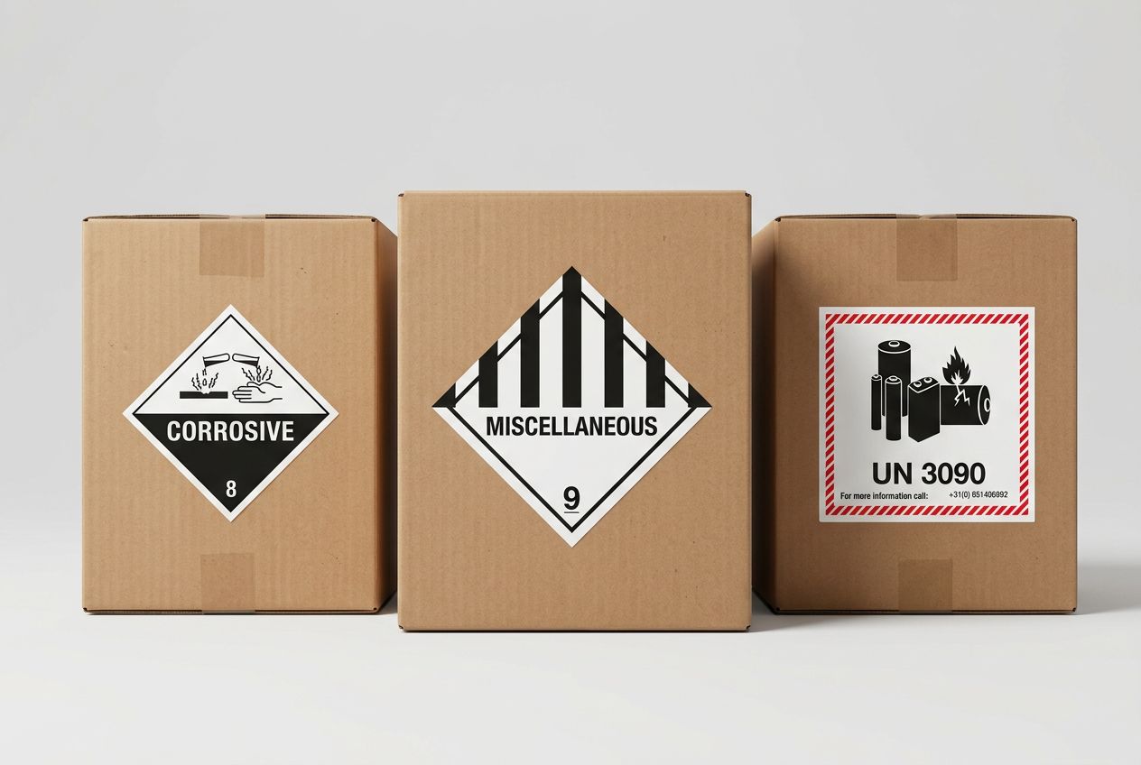 hazard-boxes-group Three cardboard boxes with labels: "Corrosive," "Miscellaneous," and "UN 3090" showing hazardous materials symbols.