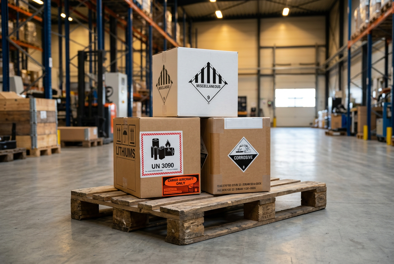 UN-Approved FIBREBOARD BOXES Boxes labeled "Lithiums", "Miscellaneous", and "Corrosive" on a pallet in a spacious warehouse with tall shelves.