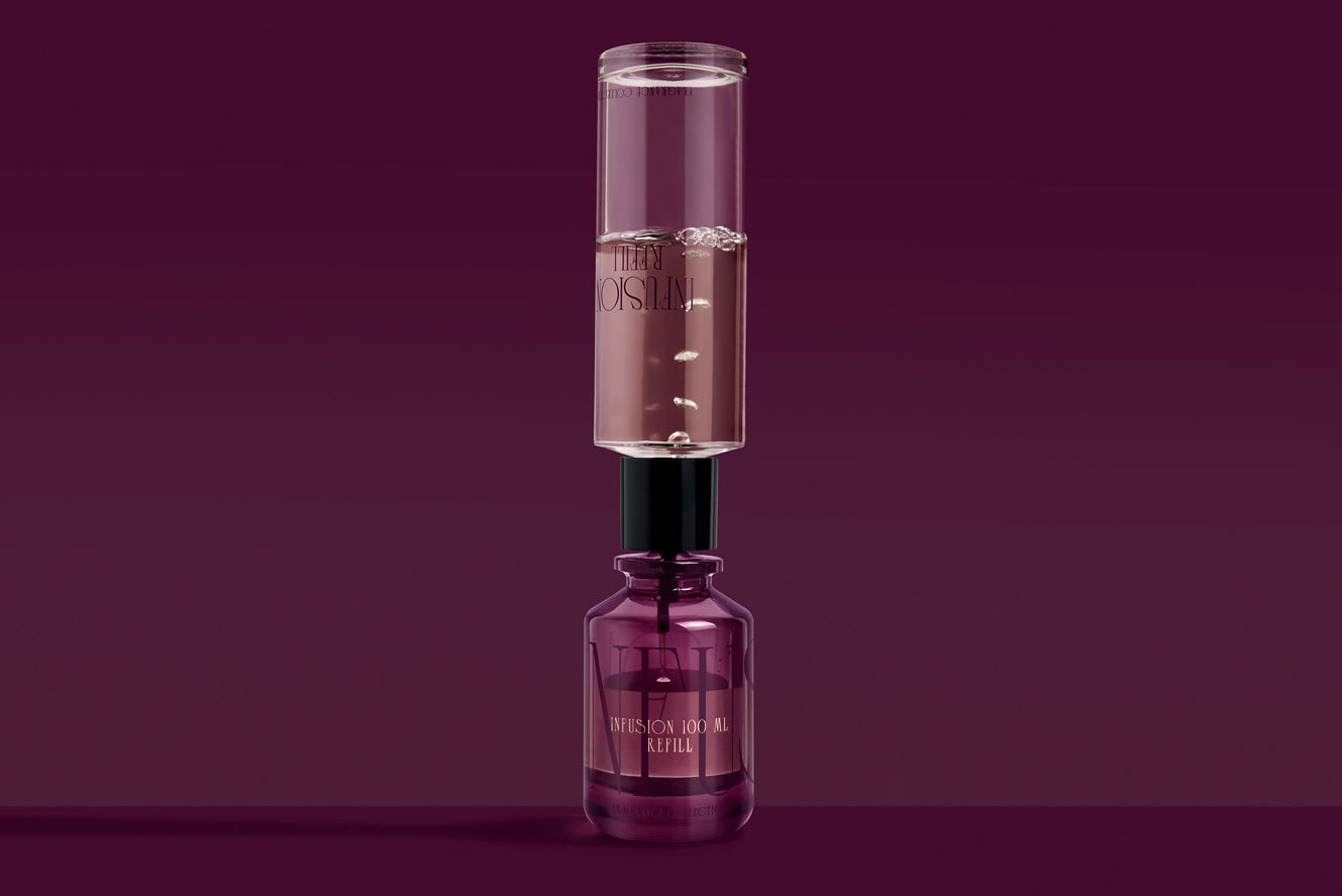 A clear liquid-filled tube is connected to a dark purple jar against a matching purple background.