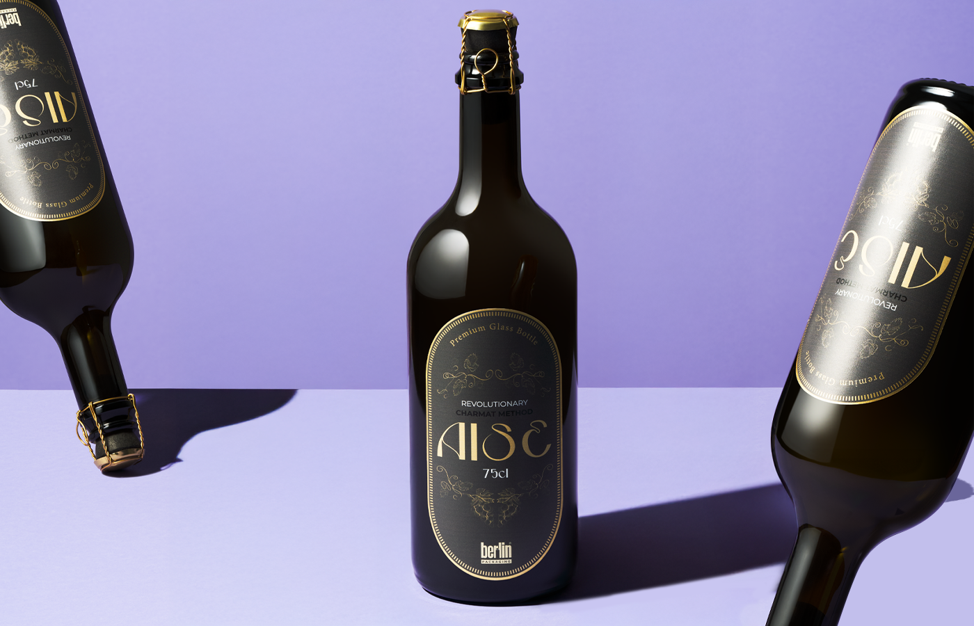 Aise glass bottle by Berlin Packaging, premium packaging solution for sparkling wines, featuring a distinctive silhouette, crown cap closure and refined label design with gold details.